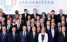 (Front Row L-R) Afghanistan's Chief Executive Abdullah Abdullah, President Ashraf Ghani, European Council President Donald Tusk, U.N. Secretary-General Ban Ki-moon, European Union foreign policy chief Federica Mogherini, U.S. Secretary of State John Kerry and Agha Khan in Brussels Conference on Afghanistan, in Belgium, October 5, 2016. PHOTO BY REUTERS/Francois Lenoir