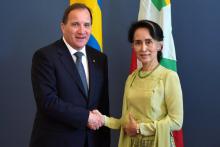 Sweden's Prime Minister Stefan Lofven and Myanmar's State Counsellor Aung San Suu Kyi shake hands at the Government Rosenbad in Stockholm, Sweden, June 12, 2017. PHOTO BY REUTERS/TT News Agency/Henrik Montgomery