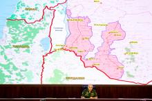 Chief of the Main Operational Directorate of the General Staff of the Russian Armed Forces Lieutenant General Sergei Rudskoi speaks during a news briefing, with a map showing the territory of Israel, Jordan, Lebanon and Syria seen in the background, in Moscow, Russia, August 2, 2018. MAP BY REUTERSAlexander Zemlianichenko