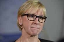 Swedish Foreign Minster Margot Wallstrom reacts during a news conference about a shooting incident at the Paris offices of satirical magazine Charlie Hebdo, in Stockholm January 7, 2015. PHOTO BY REUTERS/Henrik Montgomery/TT News Agency