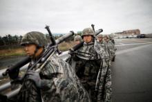 South Korean marines march during a military exercise as a part of the annual joint military training called Foal Eagle between South Korea and the U.S. in Pohang, South Korea, April 5, 2018. PHOTO BY REUTERS/Kim Hong-Ji