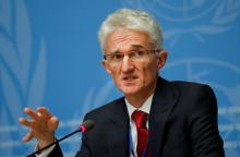 U.N. humanitarian coordinator Mark Lowcock attends a news conference at the United Nations in Geneva, Switzerland, September 10, 2018. PHOTO BY REUTERS/Denis Balibouse