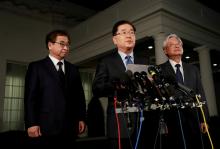 South Korea's National Security Office head Chung Eui-yong, Cho Yoon-je, the South Korean Ambassador to the U.S. and National Intelligence Service chief Suh Hoon, (L), make an announcement about North Korea and the Trump administration outside of the West Wing at the White House in Washington, U.S. March 8, 2018. PHOTO BY REUTERS/Leah Millis