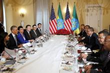 U.S. President Barack Obama (2nd L) and his delegation, including National Security Advisor Susan Rice (L), sit down to a bilateral meeting with Ethiopia's Prime Minister Hailemariam Desalegn (3rd R) at the National Palace in Addis Ababa, Ethiopia, July 27, 2015. PHOTO BY REUTERS/Jonathan Ernst