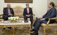 Egyptian President Abdel-Fattah el-Sisi, right, meets with U.S. Secretary of State John Kerry, center, and Egyptian Foreign Minister Sameh Shoukry, at the Presidential palace in Cairo, Egypt, Wednesday, April 20, 2016. PHOTO BY REUTERS/Amr Nabil