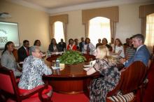 Singer-songwriter Madonna Ciccone (R) meets Kenyan First Lady Margaret Kenyatta (L) amongst other representatives at State House in Nairobi, Kenya, July 4, 2016. PHOTO BY REUTERS/Presidential Press Service