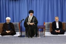 (R L) Iran's parliament speaker Ali Larijani, Iran's Supreme Leader Ayatollah Ali Khamenei, and Iranian President Hassan Rouhani attend Supreme Leader’s meeting with authorities of the country and ambassadors of Islamic countries, in Tehran, Iran July 6, 2016. PHOTO BY REUTERS/President.ir