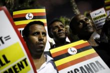 Protesters demonstrate against the Israeli government's plan to deport African migrants, in Tel Aviv, Israel, April 9, 2018. PHOTO BY REUTERS/Corinna Kern