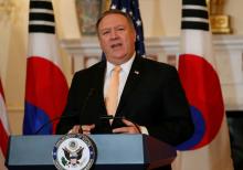 U.S. Secretary of State Mike Pompeo speaks during a joint press availability with South Korean Foreign Minister Kang Kyung-wha after their meeting at the State Department in Washington, U.S., May 11, 2018. PHOTO BY REUTERS/Kevin Lamarque
