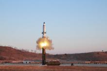A view of the test-fire of Pukguksong-2 guided by North Korean leader Kim Jong Un on the spot, in this undated photo released by North Korea's Korean Central News Agency (KCNA) in Pyongyang, February 13, 2017. PHOTO BY REUTERS/KCNA