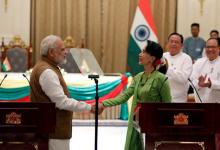 India's Prime Minister Narendra Modi and Myanmar's State Counselor Aung San Suu Kyi shake hands after their joint press conference in the Presidential Palace in Naypyitaw, Myanmar, September 6, 2017. PHOTO BY REUTERS/Soe Zeya Tun