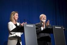 European Union High Representative for Foreign Affairs and Security Policy Federica Mogherini (L) and Iranian Foreign Minister Javad Zarifat clap after making statements following nuclear talks at the Swiss Federal Institute of Technology in Lausanne (Ecole Polytechnique Federale De Lausanne) April 2, 2015. PHOTO BY REUTERS/Brendan Smialowski