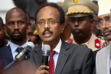 Somalia's newly elected President Mohamed Abdullahi Farmajo addresses lawmakers after winning the vote at the airport in Somalia's capital Mogadishu, February 8, 2017. PHOTO BY REUTERS/Feisal Omar
