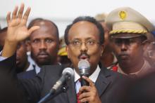 Somalia's newly-elected President Mohamed Abdullahi Farmajo addresses lawmakers after winning the vote at the airport in Somalia's capital Mogadishu, February 8, 2017. PHOTO BY REUTERS/Feisal Omar