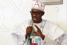 Muhammadu Buhari, presidential candidate from the All Progressives Congress party, speaks during his visit to Gombe Emir Abubakar Shehu-Abubakarn at the emir's palace in Gombe, February 3, 2015. PHOTO BY REUTERS/ Afolabi Sotunde