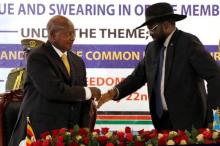 South Sudan's President Salva Kiir (R) and Ugandan President Yoweri Kaguta Museveni attend the opening of the National Dialogue committee in Juba, South Sudan, May 22, 2017. PHOTO BY REUTERS/Jok Solomun