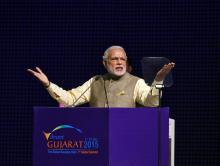 India's Prime Minister Narendra Modi gestures as he speaks in Gandhinagar in the western Indian state of Gujarat , India ,January 11, 2015. PHOTO BY REUTERS/Amit Dave