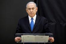 Israeli Prime minister Benjamin Netanyahu speaks during a news conference at the Ministry of Defence in Tel Aviv, Israel, April 30, 2018. PHOTO BY REUTERS/Amir Cohen