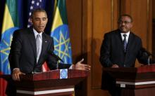 U.S. President Barack Obama (L) comments on recent statements by Republicans as he and Ethiopia's Prime Minister Hailemariam Desalegn (R) hold a news conference after their meeting at the National Palace in Addis Ababa, Ethiopia, July 27, 2015. PHOTO BY REUTERS/Jonathan Ernst