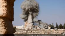 An image distributed by Islamic State militants on social media on August 25, 2015 purports to show the destruction of a Roman-era temple in the ancient Syrian city of Palmyra. PHOTO BY REUTERS/Social Media