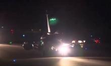 A plane prepares to take off as part of the joint airstrike operation by the British, French and U.S. militaries in Syria, in this still image from video footage obtained on April 14, 2018 from social media. PHOTO BY REUTERS/courtesy Elysee/Twitter