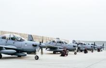 Four A-29 Super Tucanos arrive before the beginning of the 2017 fighting season at Kabul Air Wing, Kabul, Afghanistan on March 20, 2017. PHOTO BY REUTERS/Jordan Castelan/U.S. Air Force photo