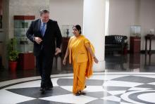 U.S. Secretary of State Mike Pompeo walks with India’s Foreign Minister Sushma Swaraj before the start of their meeting in New Delhi, India, September 6, 2018. PHOTO BY REUTERS/Adnan Abidi