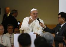 Pope Francis delivers an address during a meeting at the Spirituality Center in Kkottongnae in Eumseong