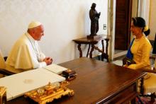 Pope Francis talks with Myanmar State Counsellor Aung San Suu Kyi during a private audience at the Vatican, May 4, 2017. PHOTO BY REUTERS/Tony Gentile