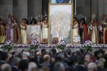 Priests attend a canonisation ceremony for the victims of mass killings of Armenians by Ottoman Turks at the open-air altar of Armenia's main cathedral in Echmiadzin, April 23, 2015. PHOTO BY REUTERS/David Mdzinarishvili