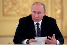Russian President Vladimir Putin speaks during a meeting with Italian businessmen at the Kremlin in Moscow, Russia, October 24, 2018. PHOTO BY REUTERS/Sergei Chirikov