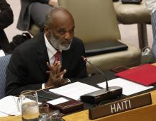 Rene Preval speaks during a Security Council meeting on Haiti at the U.N. headquarters at the U.N. headquarters in New York, in this file April 6, 2011 photo. PHOTO BY REUTERS/Shannon Stapleton