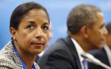 U.S. National Security Advisor Susan Rice looks up during a meeting between U.S. President Barack Obama (R) and Japanese Prime Minister Shinzo Abe at the G20 Summit in St. Petersburg, Russia