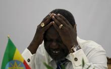 South Sudan's opposition leader Riek Machar reacts during a briefing ahead of his return to South Sudan as vice president, in Ethiopia's capital Addis Ababa, April 9, 2016. PHOTO BY REUTERS/Tiksa Negeri