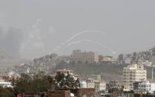 Rockets fly from a missile base which was hit by an air strike in Yemen's capital Sanaa, April 21, 2015. PHOTO BY REUTERS/Khaled Abdullah