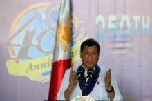 President Rodrigo Duterte gestures while delivering a speech during the 250th Presidential Airlift Wing (PAW) anniversary at the villamor air base in Pasay city, metro Manila, Philippines, September 13, 2016. PHOTO BY REUTERS/Romeo Ranoco