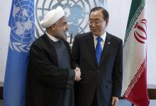 United Nations Secretary-General Ban Ki-moon (R) greets Iran's President Hassan Rohani during the U.N. General Assembly at U.N. Headquarters in New York in this file photo taken September 26, 2013