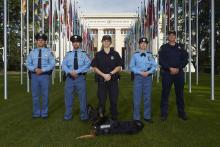 Members of the United Nations security forces pose in front of the U.N. European headquarters in Geneva, October 20, 2014. PHOTO BY REUTERS/Denis Balibouse