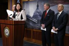 From L-R: U.S. Senator John McCain (R-AZ), Senator Kelly Ayotte (R-NH), Senator Richard Burr (R-NC) and Senator Lindsey Graham (R-SC) hold a news conference to talk about new legislation to restrict prisoner transfers from the detention center at Guantanamo Bay, at the U.S. Capitol in Washington, January 13, 2015. PHOTO BY REUTERS/Jonathan Ernst