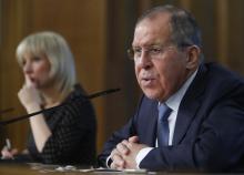 Russian Foreign Minister Sergei Lavrov speaks during his annual news conference, with Foreign Ministry spokeswoman Maria Zakharova seen in the background, in Moscow, Russia, January 15, 2018. PHOTO BY REUTERS/Sergei Karpukhin