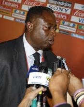 Nigeria's national soccer coach Shaibu Amodu talks to reporters following the draw for the 2010 World Cup, in Cape Town, December 4, 2009. PHOTO BY REUTERS/Mike Hutchings
