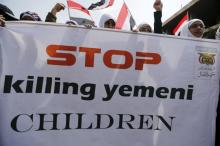 Girls demonstrate against the Saudi-led coalition outside the offices of the United Nations in Yemen's capital Sanaa, August 11, 2015. PHOTO BY REUTERS/Khaled Abdullah