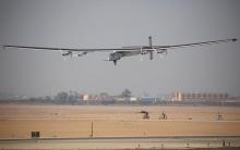Solar Impulse 2, a solar powered plane piloted by Swiss aviator Andre Borschberg, is seen as it prepares to land at Cairo Airport, Egypt July 13, 2016. PHOTO BY REUTERS/Amr Abdallah Dalsh