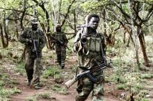 Ugandan soldiers, who are tracking down Lord's Resistance Army (LRA) fugitive leaders, walk at a forest bordering Central African Republic (CAR), South Sudan and Democratic Republic of Congo, near river Chinko, April 18, 2012. PHOTO BY REUTERS/Justin Dralaze