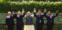 (L-R) Brazil's President Michel Temer, Russian President Vladimir Putin, Indian Prime Minister Narendra Modi, Chinese President Xi Jinping and South African President Jacob Zuma pose for a group picture during BRICS (Brazil, Russia, India, China and South Africa) Summit in Benaulim, in the western state of Goa, India, October 16, 2016. PHOTO BY REUTERS/Danish Siddiqui