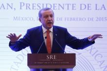 Turkey's President Tayyip Erdogan gestures during a conference at the Foreign Affairs building in Mexico City, February 12, 2015. PHOTO BY REUTERS/Edgard Garrido