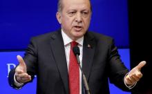 Turkish President Tayyip Erdogan speaks at the Brookings Institute in Washington, March 31, 2016. PHOTO BY REUTERS/Joshua Roberts