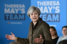 Britain's Prime Minister Theresa May addresses Conservative parliamentary candidates for London and the south east at the Dhamecha Lohana Centre in Harrow, north west London, May 8, 2017. PHOTO BY REUTERS/Stefan Rousseau