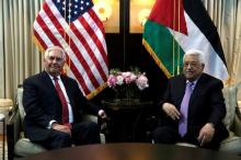 U.S. Secretary of State Rex Tillerson (L) meets with Palestinian President Mahmoud Abbas in Washington, U.S., May 3, 2017. PHOTO BY REUTERS/Yuri Gripas
