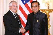 U.S. Secretary of State Rex Tillerson shakes hands with Thailand's Prime Minister Prayuth Chan-ocha at Government House in Bangkok, Thailand, August 8, 2017. PHOTO BY REUTERS/Athit Perawongmetha